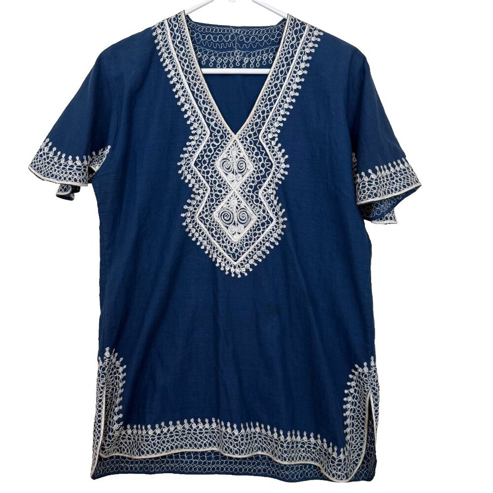 Vintage Hand Embroidered Navy Boho Dashiki Tunic Sz M Artisan Festival Top Women
